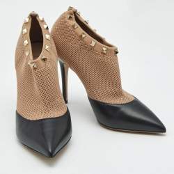 Pre Owned Valentino Beige/Black Leather and Knit Fabric Rockstud Ankle Length Boots Size 37