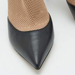 Pre Owned Valentino Beige/Black Leather and Knit Fabric Rockstud Ankle Length Boots Size 37