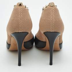 Pre Owned Valentino Beige/Black Leather and Knit Fabric Rockstud Ankle Length Boots Size 37