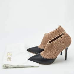 Pre Owned Valentino Beige/Black Leather and Knit Fabric Rockstud Ankle Length Boots Size 37