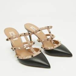 Pre Owned Valentino Black/Dusty Pink Leather Rockstud Mules Size 39