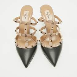 Pre Owned Valentino Black/Dusty Pink Leather Rockstud Mules Size 39