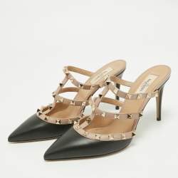 Pre Owned Valentino Black/Dusty Pink Leather Rockstud Mules Size 39