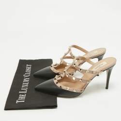 Pre Owned Valentino Black/Dusty Pink Leather Rockstud Mules Size 39