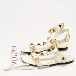 Pre Owned Valentino Cream Leather Roman Stud Flat Sandals Size 38