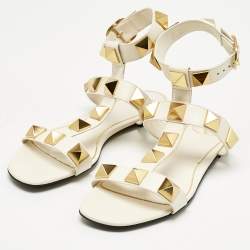 Pre Owned Valentino Cream Leather Roman Stud Flat Sandals Size 38