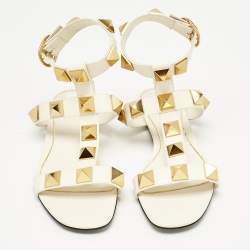 Pre Owned Valentino Cream Leather Roman Stud Flat Sandals Size 38