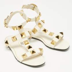 Pre Owned Valentino Cream Leather Roman Stud Flat Sandals Size 38