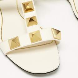 Pre Owned Valentino Cream Leather Roman Stud Flat Sandals Size 38