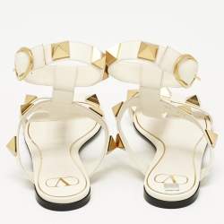 Pre Owned Valentino Cream Leather Roman Stud Flat Sandals Size 38