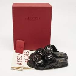 Pre Owned Valentino Black Leather 03 Rose Edition Atelier Flat Slides Size 36