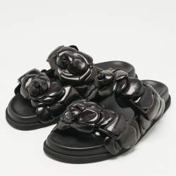 Pre Owned Valentino Black Leather 03 Rose Edition Atelier Flat Slides Size 36