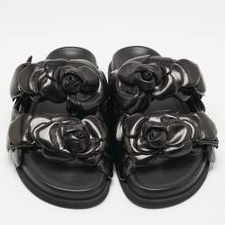 Pre Owned Valentino Black Leather 03 Rose Edition Atelier Flat Slides Size 36