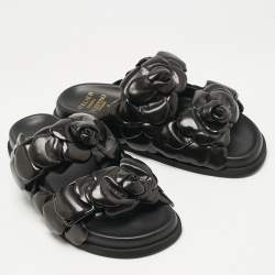 Pre Owned Valentino Black Leather 03 Rose Edition Atelier Flat Slides Size 36