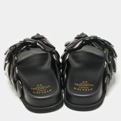 Pre Owned Valentino Black Leather 03 Rose Edition Atelier Flat Slides Size 36