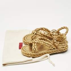 Pre Owned Valentino Gold Leather The Rope  Ankle Wrap Flat Sandals Size 36