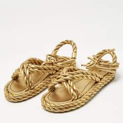 Pre Owned Valentino Gold Leather The Rope  Ankle Wrap Flat Sandals Size 36
