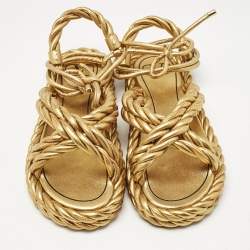 Pre Owned Valentino Gold Leather The Rope  Ankle Wrap Flat Sandals Size 36