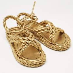 Pre Owned Valentino Gold Leather The Rope  Ankle Wrap Flat Sandals Size 36