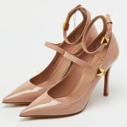 Pre Owned Valentino Beige Patent Leather TipToe Ankle Strap Pumps Size 37.5
