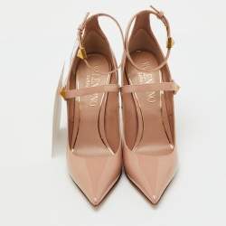 Pre Owned Valentino Beige Patent Leather TipToe Ankle Strap Pumps Size 37.5