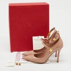Pre Owned Valentino Beige Patent Leather TipToe Ankle Strap Pumps Size 37.5