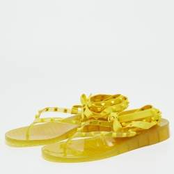 Pre Owned Valentino Yellow Fabric and Rubber Rockstud Thong Ankle Wrap Flats Size 39