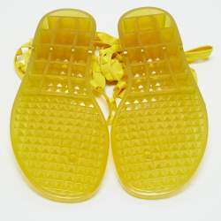Pre Owned Valentino Yellow Fabric and Rubber Rockstud Thong Ankle Wrap Flats Size 39