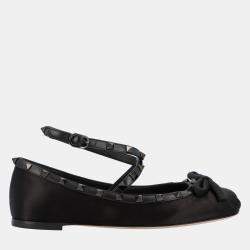 Pre Owned Valentino Rockstud EU 37 Black Satin Ballerinas