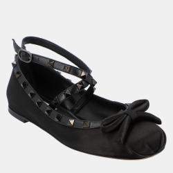 Pre Owned Valentino Rockstud EU 37 Black Satin Ballerinas