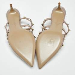 Pre Owned Valentino Beige Leather and Patent Leather Rockstud Mules Size 35.5