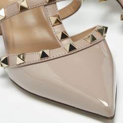 Pre Owned Valentino Beige Leather and Patent Leather Rockstud Mules Size 35.5