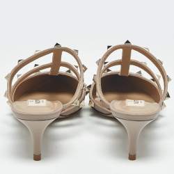 Pre Owned Valentino Beige Leather and Patent Leather Rockstud Mules Size 35.5