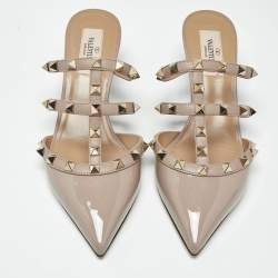 Pre Owned Valentino Beige Leather and Patent Leather Rockstud Mules Size 35.5