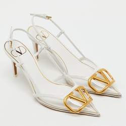 Pre Owned Valentino White/Transparent Leather and PVC VLogo Slingback Pumps Size 35