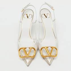 Pre Owned Valentino White/Transparent Leather and PVC VLogo Slingback Pumps Size 35