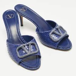 Pre Owned Valentino Blue Python Leather VLogo Slide Sandals Size 41