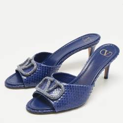 Pre Owned Valentino Blue Python Leather VLogo Slide Sandals Size 41