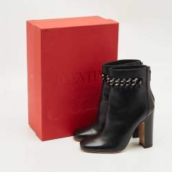 Pre Owned Valentino Black Leather Chain Link Ankle Length Boots Size 41