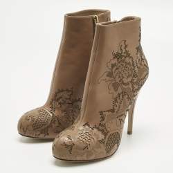 Pre Owned Valentino Beige Laser Cut Leather Platform Ankle Booties Size 39.5