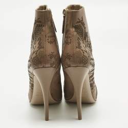Pre Owned Valentino Beige Laser Cut Leather Platform Ankle Booties Size 39.5