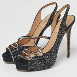 Pre Owned Valentino Black Suede Crystal Embellished Slingback Platform Sandals Size 40