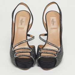 Pre Owned Valentino Black Suede Crystal Embellished Slingback Platform Sandals Size 40
