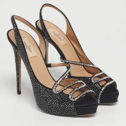 Pre Owned Valentino Black Suede Crystal Embellished Slingback Platform Sandals Size 40