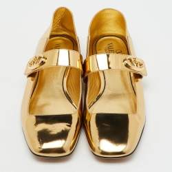 Pre Owned Valentino Gold Patent Leather VLogo Locker Mary Jane Ballet Flats Size 41.5