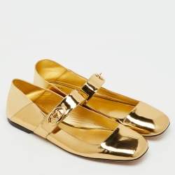Pre Owned Valentino Gold Patent Leather VLogo Locker Mary Jane Ballet Flats Size 41.5