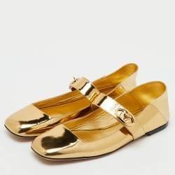 Pre Owned Valentino Gold Patent Leather VLogo Locker Mary Jane Ballet Flats Size 41.5