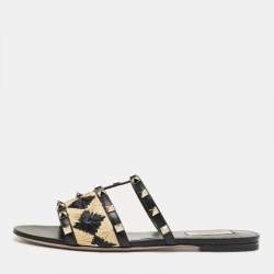 Pre Owned Valentino Black/Beige Leather and Raffia Rockstud Flat Slides Size 40