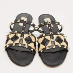Pre Owned Valentino Black/Beige Leather and Raffia Rockstud Flat Slides Size 40