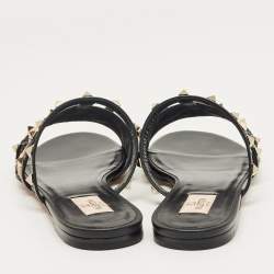 Pre Owned Valentino Black/Beige Leather and Raffia Rockstud Flat Slides Size 40